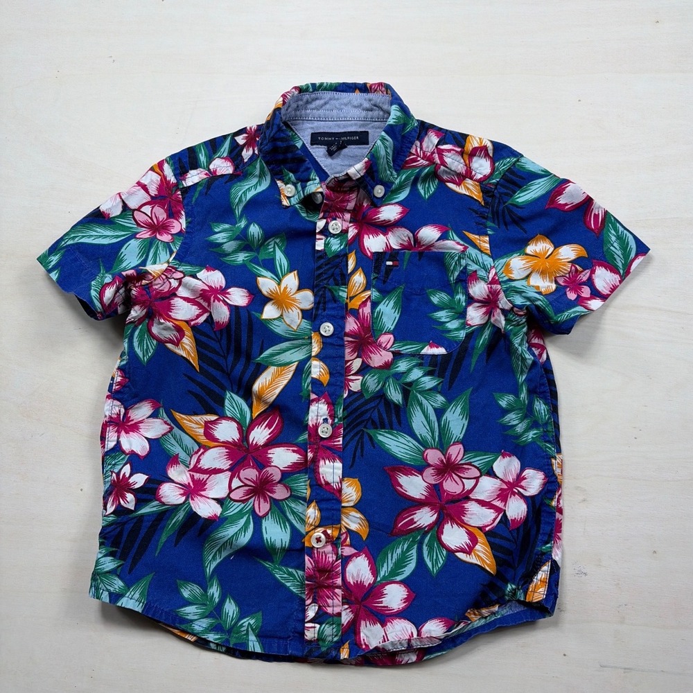 Tommy Hilfiger Boys XXS 2-3 Blue Tropical Floral Hibiscus Button Down Shirt